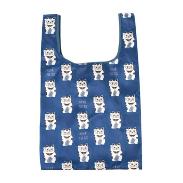 Kusuguru Japan 時尚印花環保袋 可折疊 附登山扣-眼鏡招財貓款藍