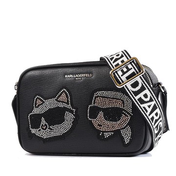 KARL LAGERFELD 銀字水鑽老佛爺雙層置物拉鍊斜背相機包-黑色