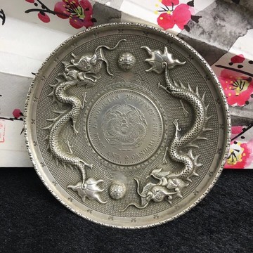 古玩收藏開光銅器純銅風水擺件鎮宅招財白銅雙龍搶寶筆洗龍洋款
