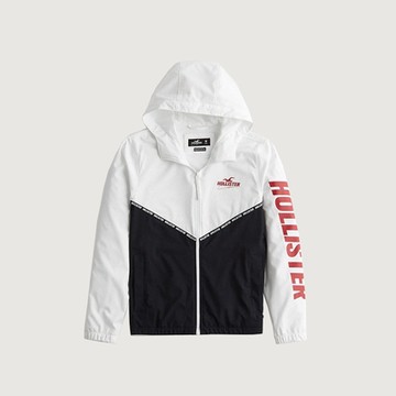 Hollister 海鷗 熱銷文字運動防風防潑水連帽風衣外套-黑白色
