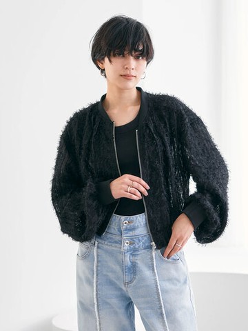 華麗羽毛緹花透明感短版夾克(7C41L0Y0300) - YECCA VECCA