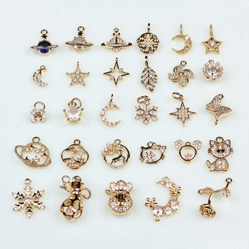 HC--【 10pcs】17-29號小新潮流飾品14k包金微鑲鋯石吊墜 星星月亮雪花diy項鏈 手鏈掛件