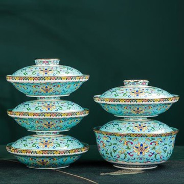 景德鎮陶瓷餐具手工描金琺瑯彩菜碗湯碗帶蓋菜盤家用泡面碗和合器