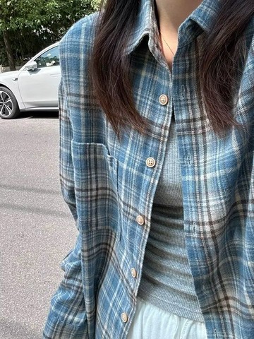 💕甜心大尺碼💕大尺碼襯衫 韓系撞色格紋長袖襯衫男女寬松慵懶風上衣情侶休閑潮春秋季