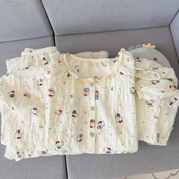 可可裡🌺可愛小貓雲朵純棉紗睡衣女款2026新款夏季短袖高級感家居服三件套
