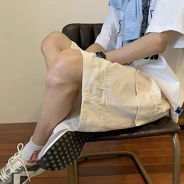KIN DON夏季工裝短褲男寬鬆百搭直筒休閒褲五分運動沙灘大褲衩潮韓國 素面棉短褲 棉質 基本款 抽繩 運動褲 棉褲 休