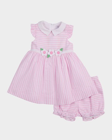 Girl's Floral Embroidered Stripe Dress with Bloomers, Size 3M-24M
