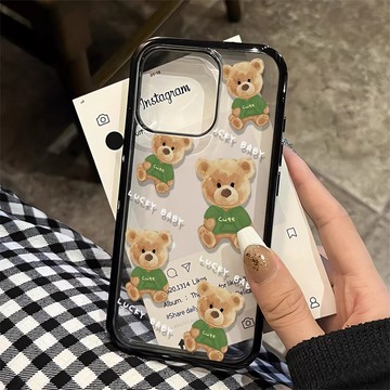 滿屏幸運小熊適用蘋果iPhone17Pro 16 15 14 13 12 11 Pro Max黑邊透明亞克力防摔手機殼