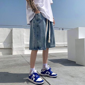 男士牛仔短褲夏季新款粗編抽繩休閑褲直筒休閑褲寬松百搭運動褲潮