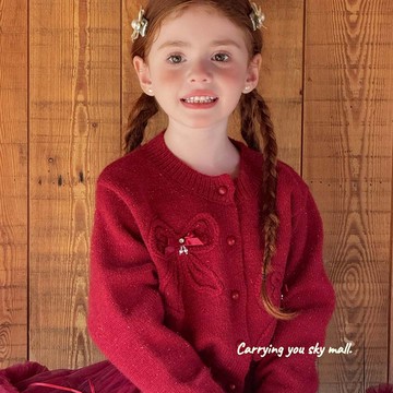 110-150 立體蝴蝶結點鑽暖紅針織開衫