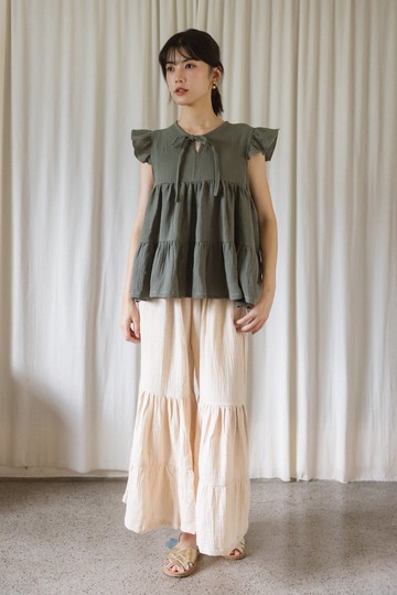 清邁純棉波浪袖前綁帶上衣_灰綠