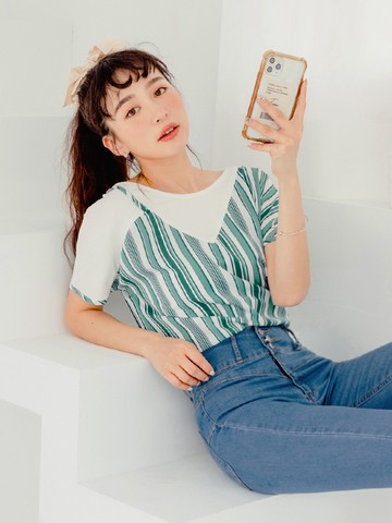 輕甜假兩件直條紋不易皺拼接上衣