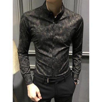 2025新款男士印花襯衫長袖暗花修身秋季高級休閑碎花襯衣痞帥男裝