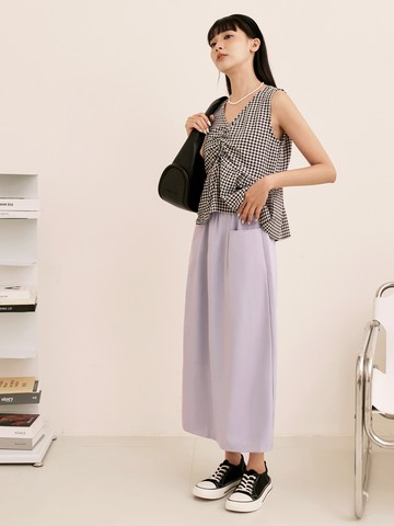 柔滑素色鬆緊腰口袋後開衩中長裙