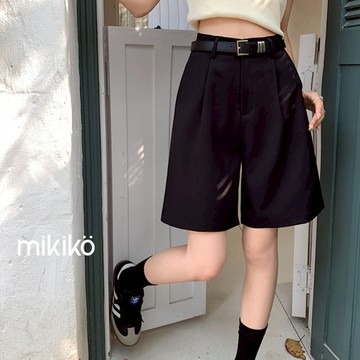 美木子｜西裝短褲｜附皮帶 高腰西裝短褲【B10120】西裝五分褲 直筒西裝褲  休閒短褲 A字褲 闊腿短褲 黑色西裝褲