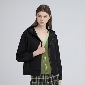 ILEY伊蕾 寬鬆連帽拼接牛仔外套(黑；M-2L)