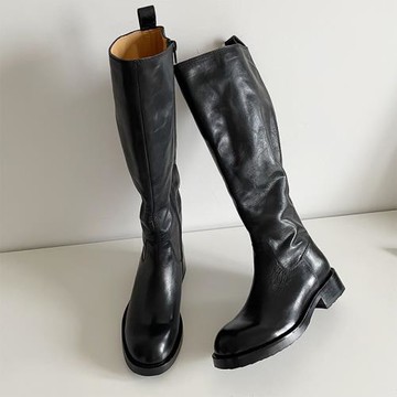 長靴2025年新款女秋冬做舊水洗馬皮粗跟側拉鏈騎士靴厚底長筒靴