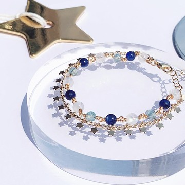 月光石 藍磷灰 藍晶石 14K包金 手工繞線 天然水晶雙層手鍊