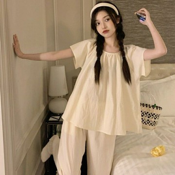 FUXI 短袖睡衣女 成套睡衣 居家服 短袖長褲兩件式睡衣  短袖短褲家居服 日系寬鬆素色睡衣套裝 女裝 衣服