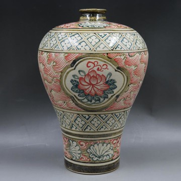 宋吉州窯彩繪荷葉蓮花紋梅瓶手繪仿古老貨瓷器家居擺件古董古玩1入