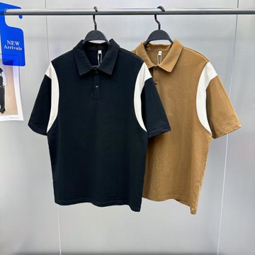 男夏季新款休閑翻領拼接時尚寬松微闊短袖POLO衫2162