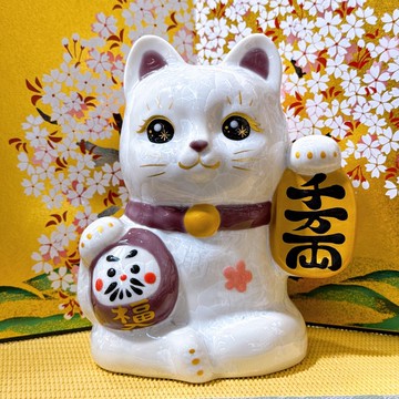【白晶万両】日本清水燒招財貓 | 達摩花結晶 -  白千万両