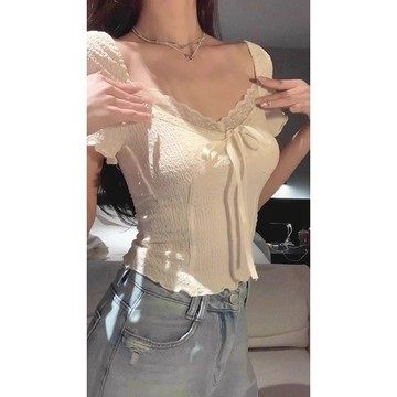 P3-[限時特賣]T恤 短袖T恤 短袖上衣 女生上衣原版麵料~ 蕾絲魚骨v領短袖上衣女夏修身顯瘦純慾辣妹鎖骨短款T恤