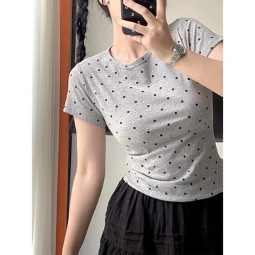 灰色高級感波點正肩短袖女2025新款夏季辣妹修身顯瘦短款t恤上衣