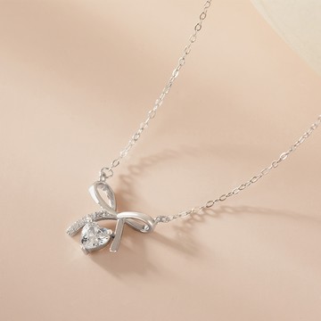 [999足銀]甜心小巧蝴蝶結垂鑽項鍊【SL1067】-銀
