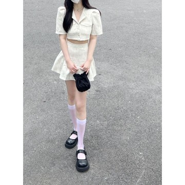 【Chan's】【新品推薦】 夏季新款設計感小衆辣妹套裝女小香風白色上衣魚尾半身裙兩件套女