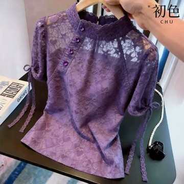 初色 輕熟風鏤空蕾絲繫帶顯瘦立領短袖T恤上衣女上衣-紫色-52212(M-3XL可選)