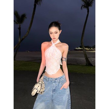 掛脖式高級薄款蕾絲拼接魚骨露背無袖短款辣妹上衣背心夏季新品潮