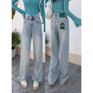 刺繡卡通龍高腰窄版牛仔直筒褲女春季新款寬松顯瘦垂感淺色闊腿褲