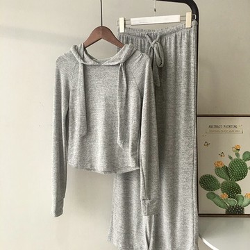 休閑運動套裝女春秋新款韓版寬松短款衛衣闊腿長褲學生兩件套