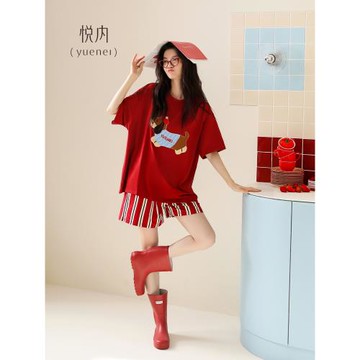 悅內睡衣女款夏季夏天短袖短褲純棉家居服本命年大紅色可外穿出門