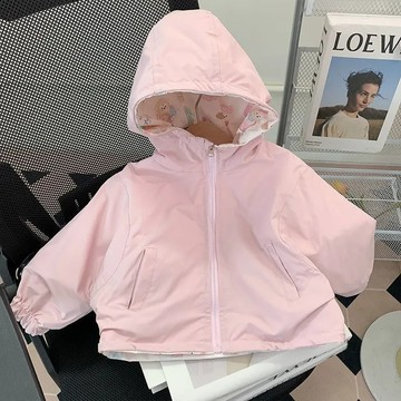 正反兩穿卡通衝風衣男女孩秋款運動外套連帽衫拉鍊外套戶外風衣潮 女童外套 中大童衝鋒衣 韓版外套 兒童夾克