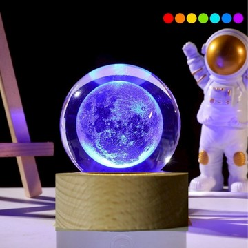 【All Splendid】七色水晶球燈 檯燈 月球 床頭燈 臥室燈 生日禮物 usb插電 七彩小夜燈 實木發光底座_廠商直送