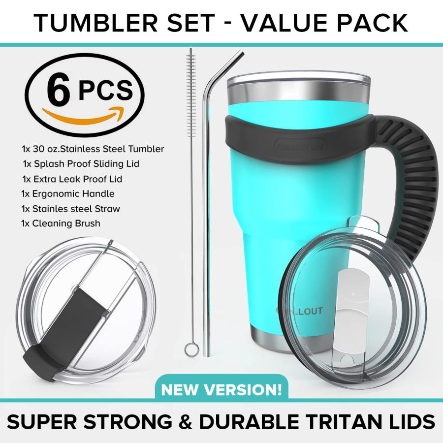 Stainless Steel Travel Mug with Handle 30 oz Piece Set. Tumbler with Handle, Straw, Cleaning Brush  Lids. Double... 1[並行輸入品]