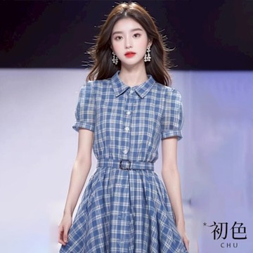 初色 法式格紋翻領短袖收腰連身裙中長裙連衣洋裝-藍灰色-12899(M-XL可選)