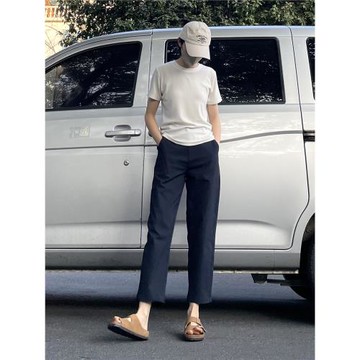 (免運)左手日記春夏新款亞麻小直筒休閑九分褲干爽透氣顯瘦休閑女褲藍