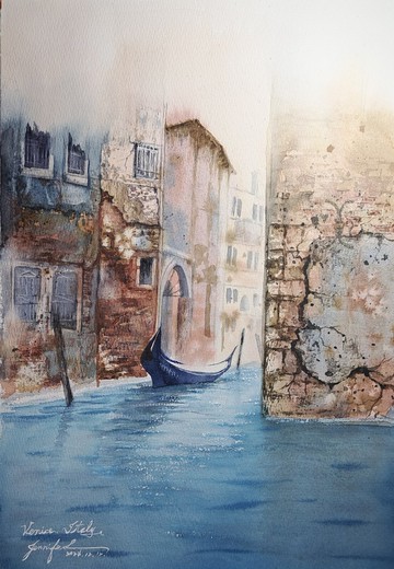威尼斯風韻手繪水彩畫(含畫框)