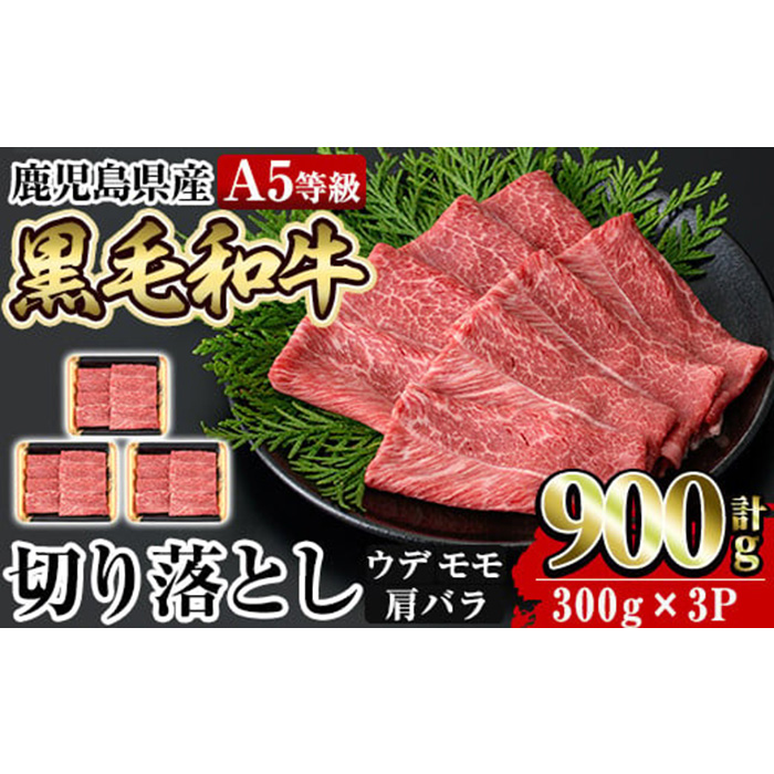 a856 ≪A5等級≫鹿児島県産黒毛和牛切り落とし計900g(300g×3P)姶良市 国産 牛肉 切り落とし