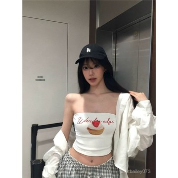♡ 𝑪𝒉𝒊𝒄 𝒖 ♡夏季美式辣妹白色印花抹胸上衣女修身顯瘦短款外穿無袖裹胸背心潮