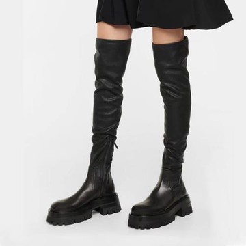 歐美靴子長筒靴女厚底增高過膝長靴秋冬長筒靴平底真皮彈力瘦瘦靴