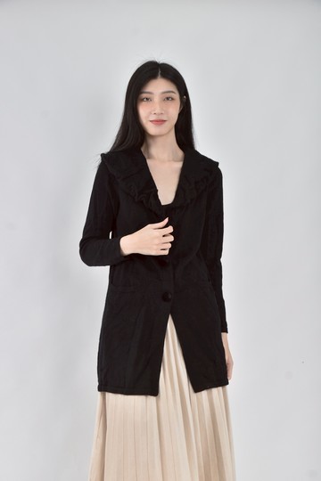 (L) key wear秋冬羊毛針織連帽排釦黑色外套