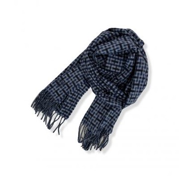 Hermes H格紋 羊絨圍巾 (深藍色系)