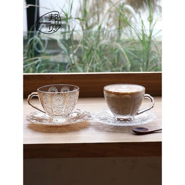 復古浮雕咖啡杯碟套裝ins網紅玻璃杯帶把杯子刻花拿鐵杯下午茶杯