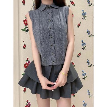 TE shushu 秋季甜美花邊針織衫復古單排扣翻領學院風無袖針織背心