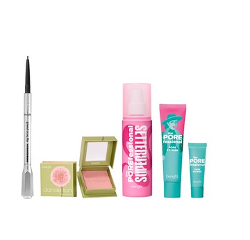 【benefit】熱銷明星彩妝組 ( 嘖嘖稱齊無油慮定妝噴霧120ml+嘖嘖稱齊毛孔隱形露22ml+蒲公英蜜粉盒+這細我的眉筆(任選色)+嘖嘖稱齊毛孔隱形露隨身瓶 )
