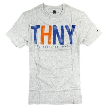 美國百分百【Tommy Hilfiger】T恤 TH 男 圓領 T-shirt 短袖 文字 復古 灰 XS S E944